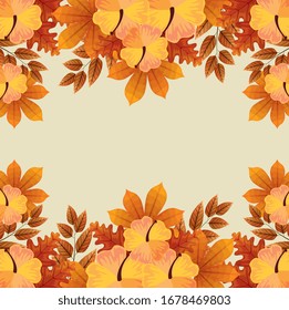 frame of flowers with branches and autumn leafs naturals vector illustration design