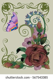 frame from flowers and butterflies background. Vector