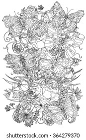 Frame with flowers and butterflies. Zentangle interpretation. Black and white. Vector illustration. The best for your design, textiles, posters, coloring book