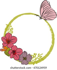 frame, flowers, butterfly, vector illustration