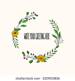 Frame with flowers elements. Vector illustration. Gentle floral frame with flowers and leaves. Spring floral frame.