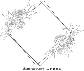 Frame with flowers, flower arrangement, peonies, line art. Vector illustration. Isolated on a white background. Hand drawing. Sketch. For attachments, postcards, tattoos, decor.