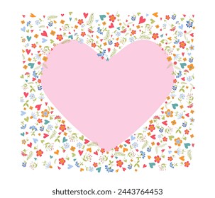 Frame with flowers, heart shape. For postcard, wedding. Flowers, leaves and hearts. Vector illustration.