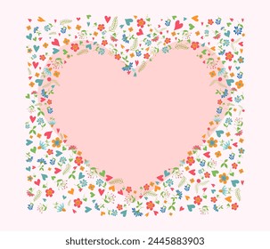 Frame with flowers, heart shape. For postcard, wedding. Flowers, leaves and hearts. Vector illustration.
