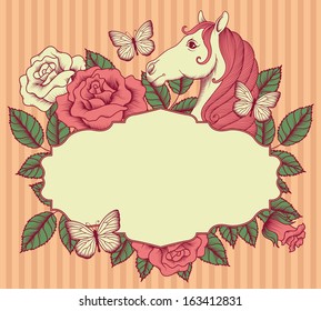 frame with flowers and horse (symbol 2014 years)