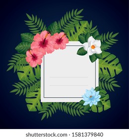 frame with flowers and leafs decoration vector illustration design
