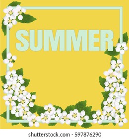 A frame with flowers and leaves of an apple tree and an inscription summer. Yellow, blue, green, white and pink. Can be used in the newsletter, brochures, postcards, tickets, advertisements, banner.