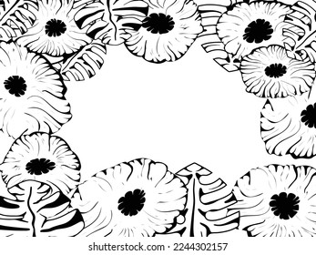 FRAME from flowers and leaves. Black and white flowers, place for text.