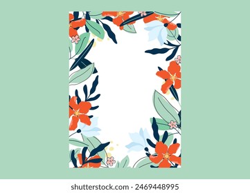 Frame with flowers, leaves and branches in vector, flat style.