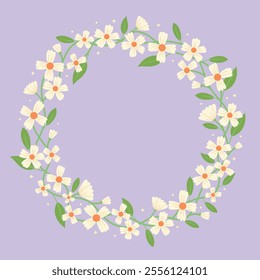 Frame of flowers and leaves design. Floral round frame of twigs, leaves and flowers.