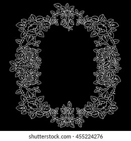 Frame with flowers, leaves, floral pattern, isolated on black board background