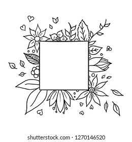 Frame with flowers, leaves and plants. Vector cartoon illustration. Hand-drawn style.