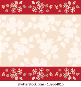 Frame of flowers on red background with white empty space for text