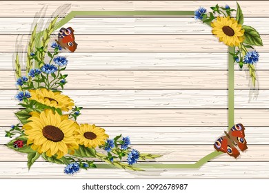 Frame and flowers on a wooden background.Colored vector illustration with frame, butterflies, sunflowers and cornflowers on a wooden background.