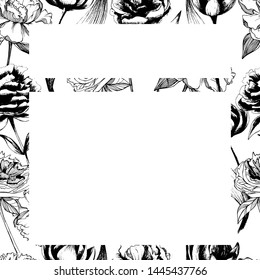 Frame with flowers peonies and tulips. manual graphics with pencil, liner. Botanical summer flower, framing for site decoration and design, beautiful monochrome illustration. stock graphics