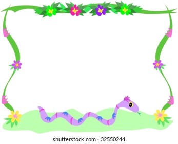 Frame of Flowers, Ribbons, Bush, and Snake Vector