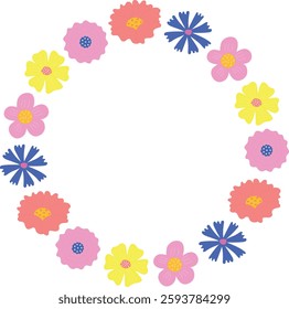 Frame of flowers. Round frame of flowers with copy space. Isolated flat vector illustration for decoration of banners, posters, backgrounds, cards.