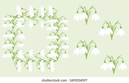 Frame of flowers snowdrop. Spring delicate flowers on a green background. Basic design for cards, invitations, and greetings.