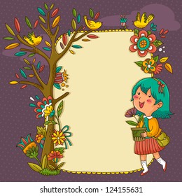 frame with flowers, tree and a cheerful girl (JPEG available in my gallery)