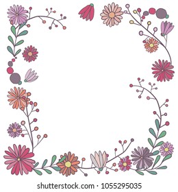 Frame of flowers and twigs. Greeting card. Minimalistic design. Vector image. Simple stylization. Delicate pastel colors. Feminine style.