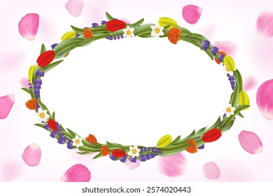 Frame of flowers with white background. Against a backdrop of falling petals. Vector mockup
