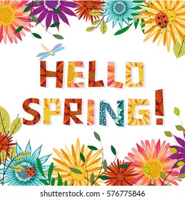 Frame of flowers and the words Hello spring on a white background