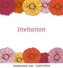 Frame with flowers zinnia. Floral design. Invitation card.