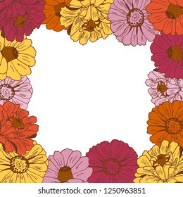 Frame with flowers zinnia. Floral design. Save the date card.