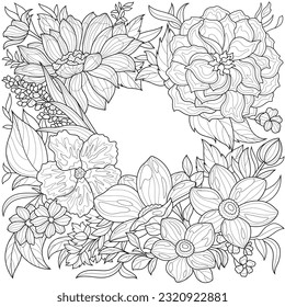 Frame with flowers.Coloring book antistress for children and adults. Illustration isolated on white background.Zen-tangle style. Hand draw