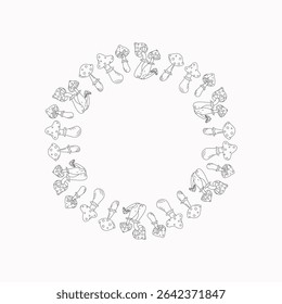 Frame fly agaric, mushrooms. Drawing, doodles. Autumn round banner, poster. Set. Poisonous mushrooms. Isolated background. Halloween. Vector illustration.