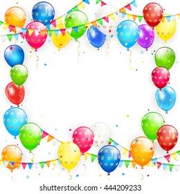 Frame of flying colorful balloons, multicolored pennants and confetti on white background, illustration.
