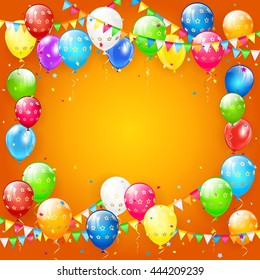 Frame of flying colorful balloons, multicolored pennants and confetti on orange background, illustration.