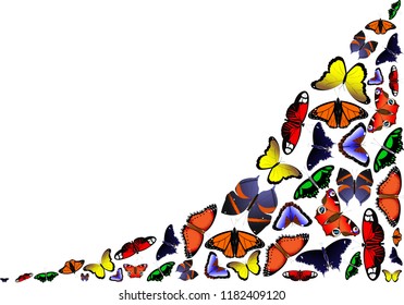 Frame of flying colorful butterflies on a white background. Postcard for congratulations on the anniversary