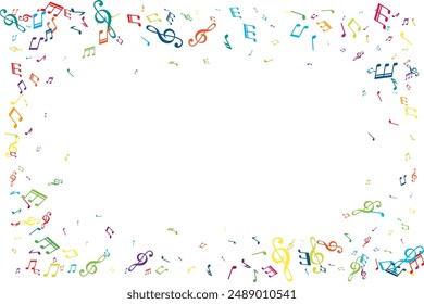 Frame from flying music notes. Vector decoration element in rainbow colors.