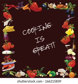A frame of food items