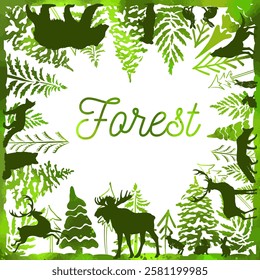 Frame forest with animals. hand drawing. Not AI Vector illustration.
