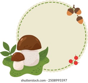 A frame with forest objects such as a white mushroom, berries, plants, in a cartoon style. Fashionable modern vector illustration, hand-drawn.Vector illustration for postcards, banners and posters