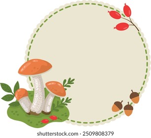 Uma moldura com objetos da floresta, como um cogumelo branco, bagas, plantas, em um estilo de desenho animado. Ilustração vetorial moderna na moda, desenhada à mão.Ilustração vetorial para cartões postais, banners e cartazes