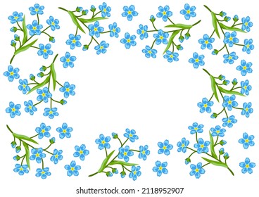Frame with forget me not flowers. Beautiful decorative spring plants.