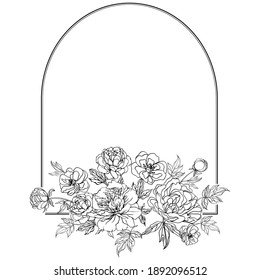 Frame in the form of an arch with a bouquet of flowers made in black outline. Vector illustration