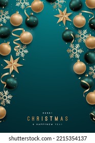 Frame in form of Christmas tree. Abstract Christmas tree made of realistic green and gold baubles, snowflakes, stars and serpentine. Greeting vector banner.