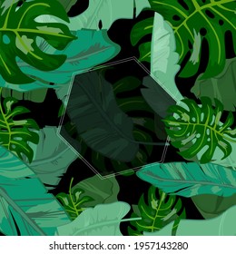 The frame is in the form of a diamond on the background of an exotic natural pattern. Tropical leaves for design.