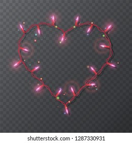 Frame in form of heart with realistic lights, Christmas lights isolated design, Garlands decoration elements. Glowing lights for Xmas Holiday greeting card design.