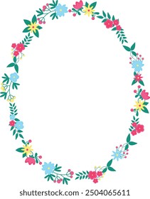 Frame in the form of an oval of floral elements. Perfect for such as nursery decor, wrapping paper, greeting cards, home decor, wall art, stationery, baby shower invitations, packaging