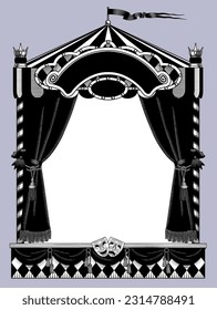 Frame in the form of a puppet theater booth with theatrical masks, sign and a curtain in black and white vintage engraved drawing style. Vector illustration