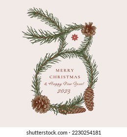 Frame in the form of a rabbit. Christmas card with fir branches and cones. Botanical vector illustration. Sketch. Colorful.