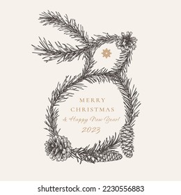 Frame in the form of a rabbit. Christmas card with fir branches and cones. Botanical vector illustration. Sketch. Black and white.