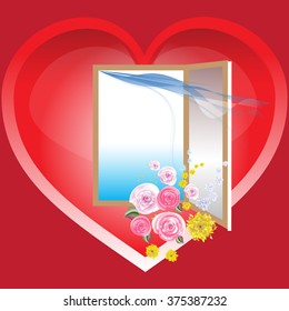 frame in the form of a red heart with an open window and flowers