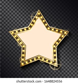 Frame in form of star vector, isolated sign on transparent background. Glowing object with golden bulbs and yellow lights. Retro flat style signboard