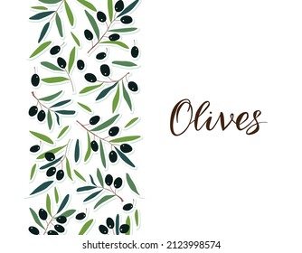 Marco en forma de tira de aceitunas. Plantilla vectorial para logotipo, etiqueta, tarjeta, invitación, pancarta o afiche para productos de aceite esenciales o cosméticos orgánicos.